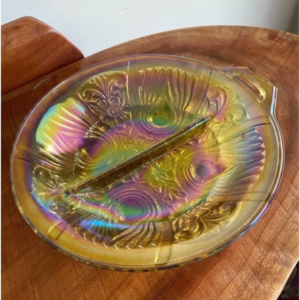 Indiana Glass Killarney Marigold Carnival Glass Divided Relish Dish Tab Handle